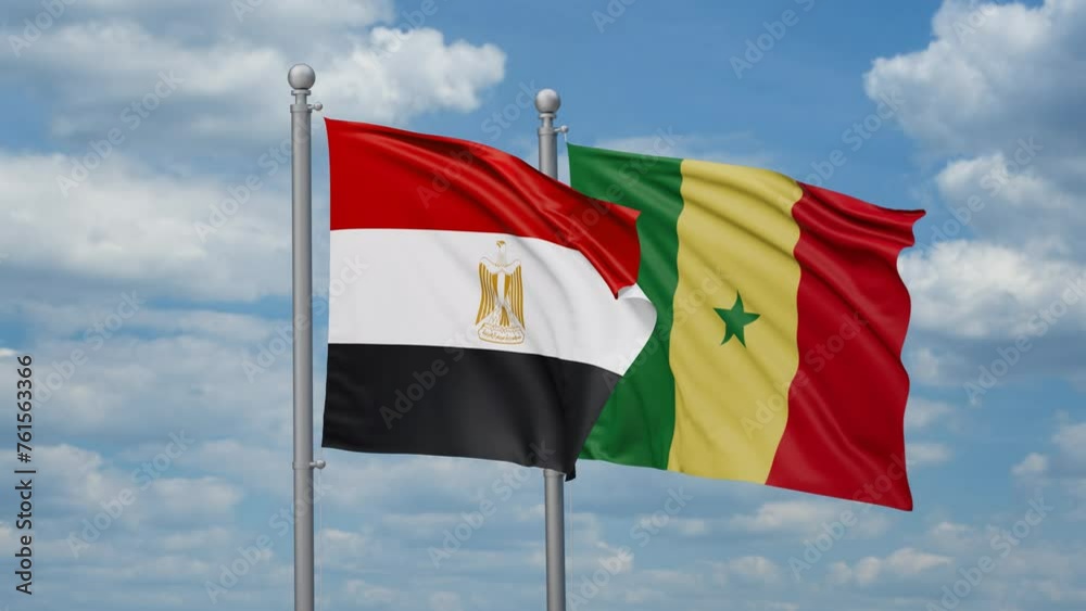 Republic of Senegal and Egypt two flags waving together, looped video, two country cooperation concept Republic of Senegal and Egypt two flags waving together, looped video, two country cooperation concept