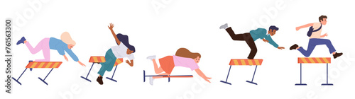 Man and woman cartoon characters isolated set running and falling down on race with obstacles