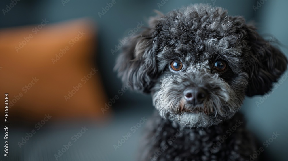 Cute black and gray dog sitting on a couch looking curiously at the camera in a cozy living room setting during the afternoon Cute black and gray dog sitting on a couch looking curiously at the camera in a cozy living room setting during the afternoon
