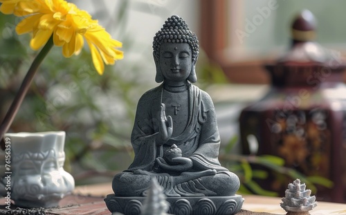 a place indoor for one little grey Budhha statue photo