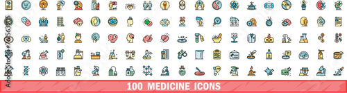 100 medicine icons set. Color line set of medicine vector icons thin line color flat on white