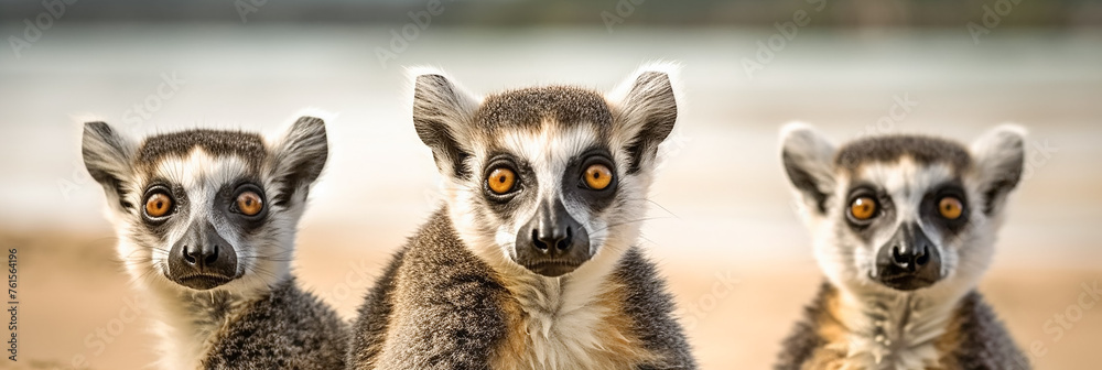 Portrait of group of three ring-tailed lemurs. Creative banner background. 