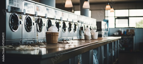 Bright commercial laundry area with clean and dirty laundry showcased in a public space