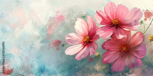 Pink Flowers on Blue and Pink Background with Water Splatters A Serene and Vibrant Floral Painting © SHOTPRIME STUDIO