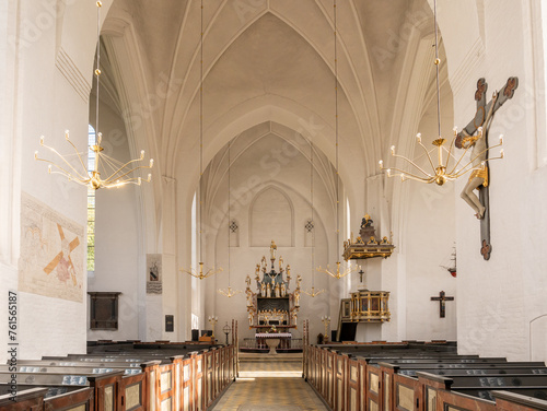 Interior of Mariager Church with pulpit and choir with altar, Nordjylland, Denmark