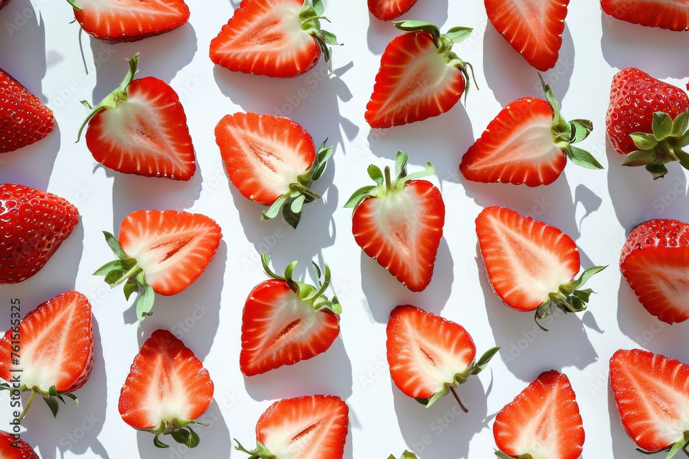 Fresh ripe strawberries arranged in a beautiful pattern on a white surface under the shining sun Fresh ripe strawberries arranged in a beautiful pattern on a white surface under the shining sun