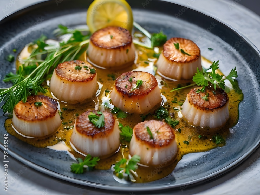 Plate of delicious appetizers with cream cheese, smoked Scallops