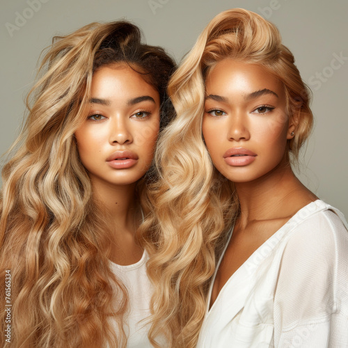 two beautiful young afro-latino models with long blonde hair posing for hair salon, gray background, studio photo, detail of long shiny hair