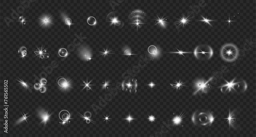 Beams and gleams, isolates et of realistic lens flare effects. Vector camera reflection or tweak, splashes and bursts from bright sun or light. Optical glint and sparkle, flashlight and shining