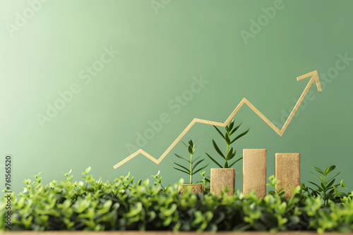 Arrow up and histogram showing profit and income from investment on green minimal background, increase in investment returns or doing business
