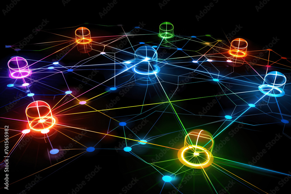 Vivid network of nodes and connections on dark backdrop Vivid network of nodes and connections on dark backdrop
