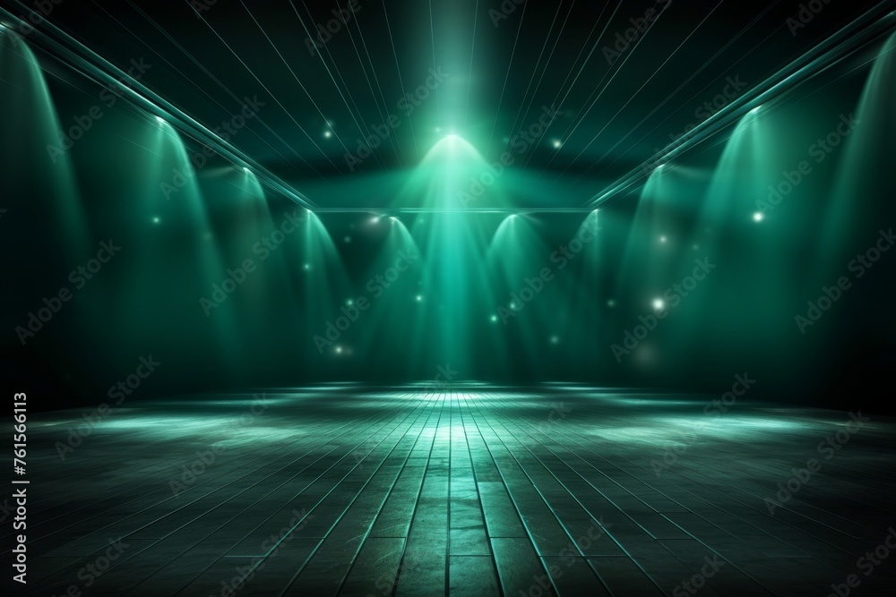 Modern dance stage with spotlight illuminated by vibrant blue and green lighting