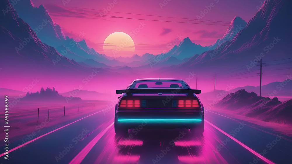 Summer vibes 80s style illustration with car driving into sunset with foggy landscape