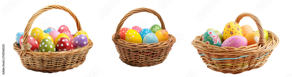 Three wicker baskets filled with colorful easter eggs. Assorted vibrant easter eggs in different patterns showcased in wicker baskets against a transparent background 