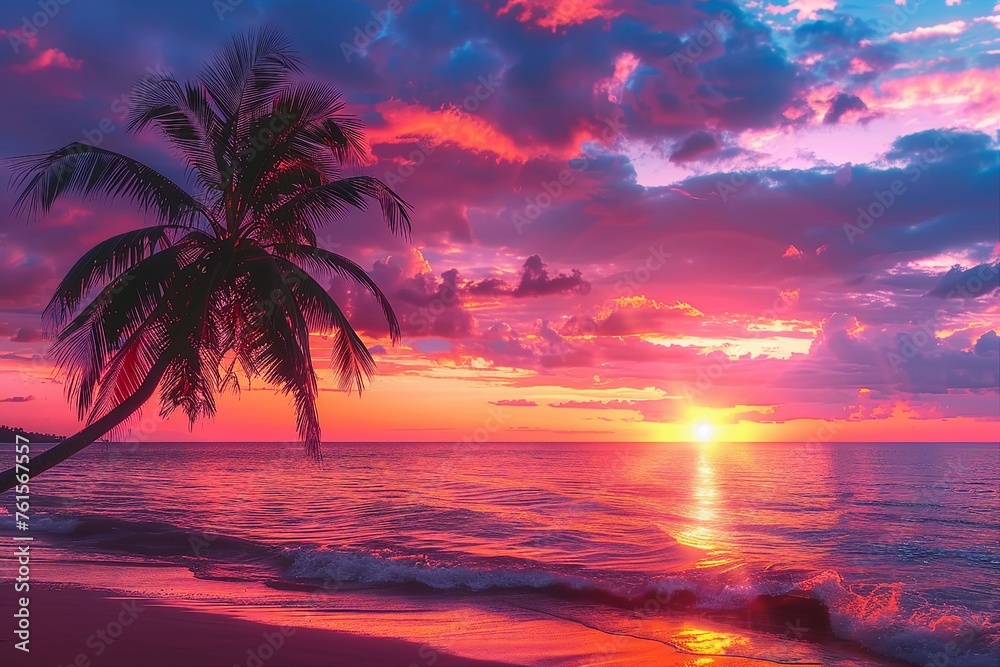 Beautiful sunset tropical beach with palm tree and pink sky for travel and vacation in holiday relax time. generative ai.