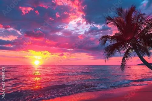Beautiful sunset tropical beach with palm tree and pink sky for travel and vacation in holiday relax time. generative ai.