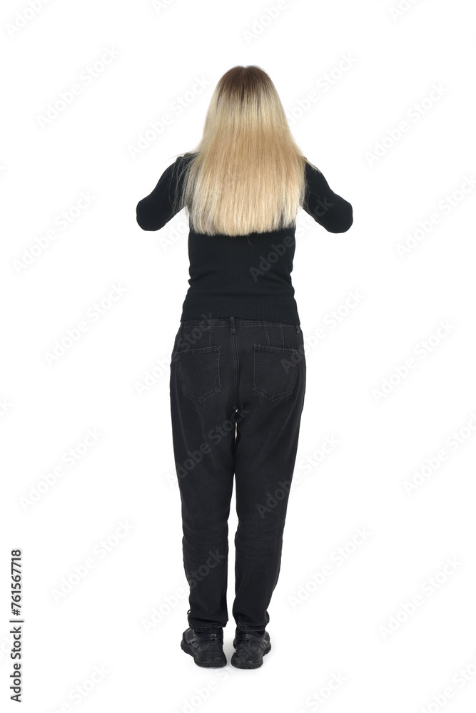 rear view of a standing woman who is screaming on white background