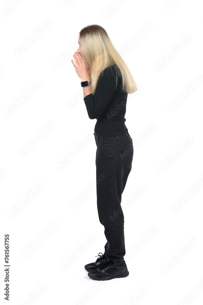 side view of a standing woman who is screaming on white background side view of a standing woman who is screaming on white background
