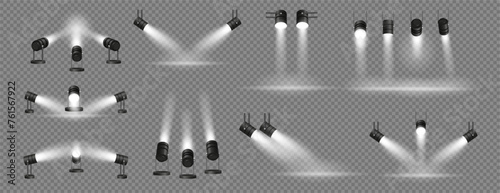Projector illuminating scene to place, isolated spotlights with direction on spot. Vector isolated realistic lights for movies or theaters, product presentations or displays for advertisement