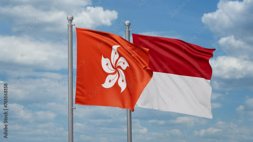 Indonesia and Hong Kong two flags waving together, looped video, two country relations concept Indonesia and Hong Kong two flags waving together, looped video, two country relations concept