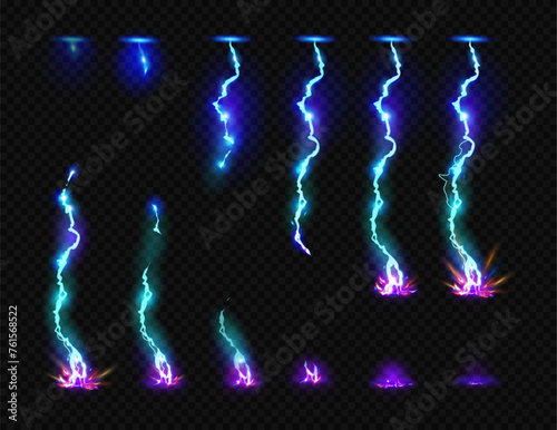 Thunder bolt discharge effect for animation or game location weather elements. Vector isolated realistic lightning strike, energy with glitter and power flashes, hitting floor or ground