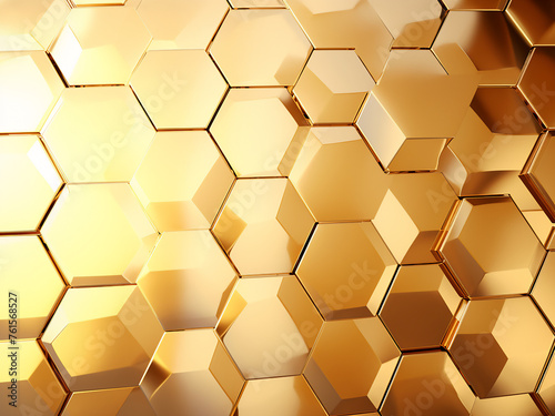 Shimmering polyhedrons on a golden backdrop. AI Generation. © Llama-World-studio