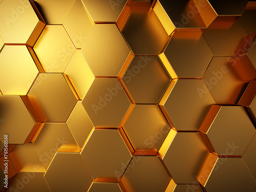 Golden backdrop adorned with polyhedrons. AI Generation.