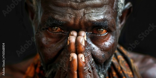 praying to god with hands together Caribbean man praying with black background stock photo photo