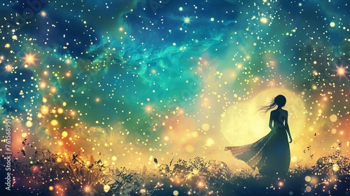 Woman consulting the stars, abstract conceptual illustration symbolizing astrology, zodiac and celestial guidance photo
