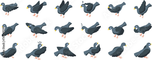 Pigeon mascot icons set isometric vector. Angry bird. Dove funny character