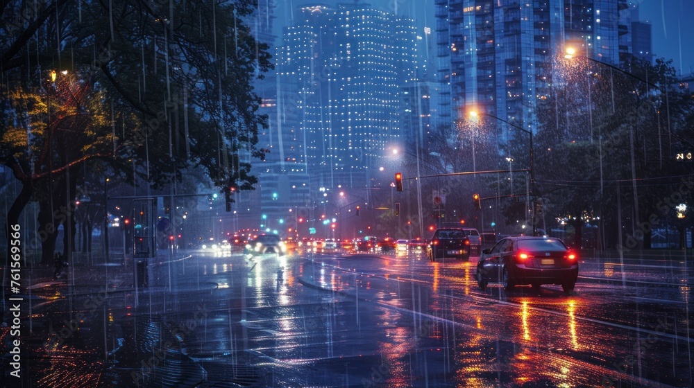 Fototapeta premium street of a city at night with rain