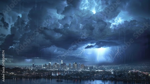 storm falling on a big city at night
