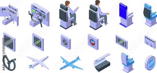 Airplane cockpit icons set isometric vector. Airplane dashboard. Panel control switch