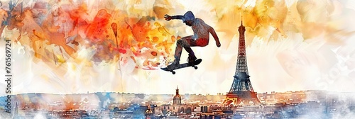 flat illustration, the Summer Olympic Games in Paris, a skateboarder jumping against the background of the Eiffel Tower and a panorama of the city's attractions photo
