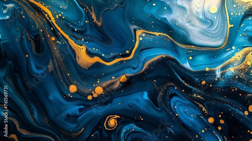 Abstract fluid art background with vibrant blue and gold swirls, acrylic pour painting