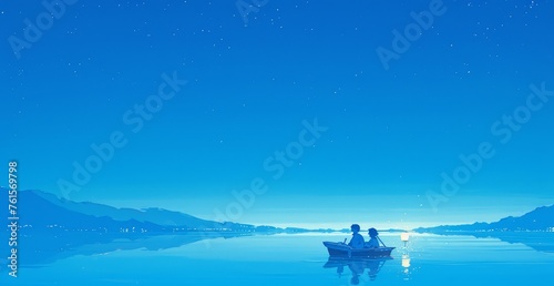 Two people in a small boat on a lake under a starry sky.