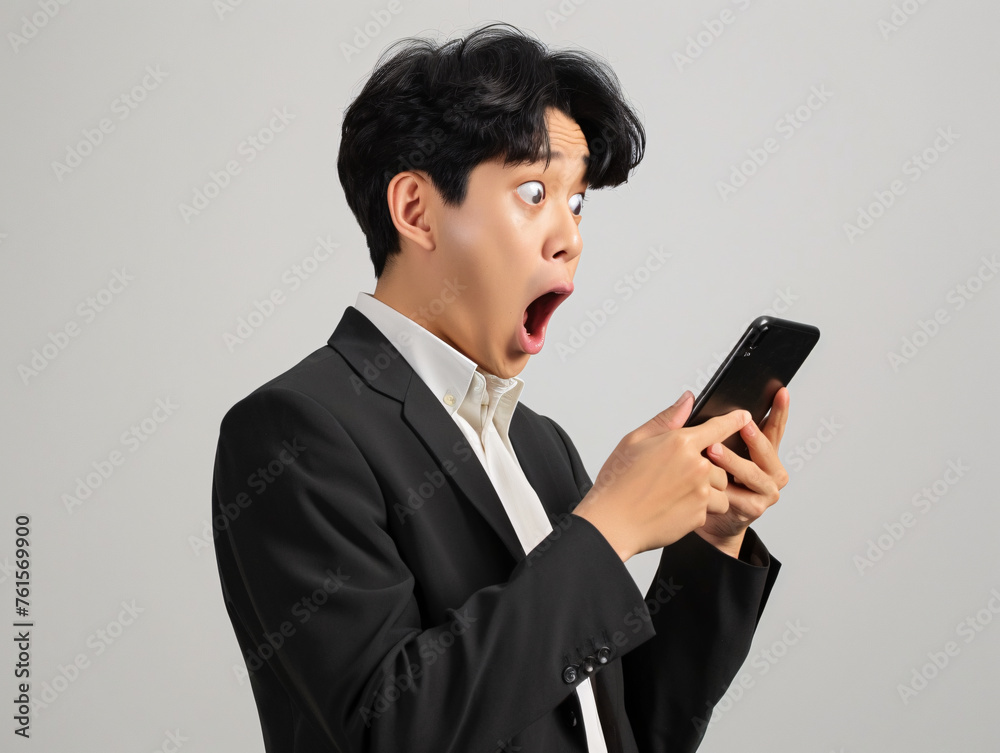 Exaggerated surprised face of business people character look at mobile phone Exaggerated surprised face of business people character look at mobile phone