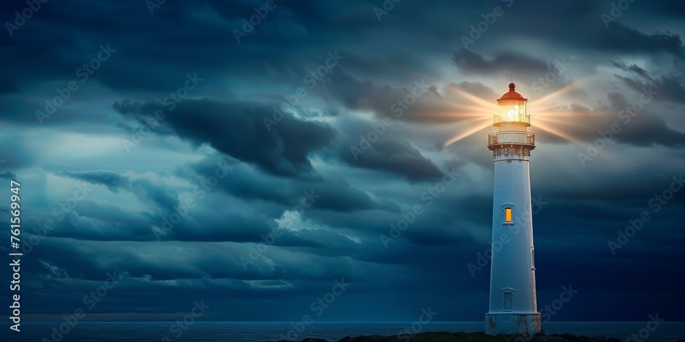 A lighthouse is lit up in the dark, with the waves crashing in the background