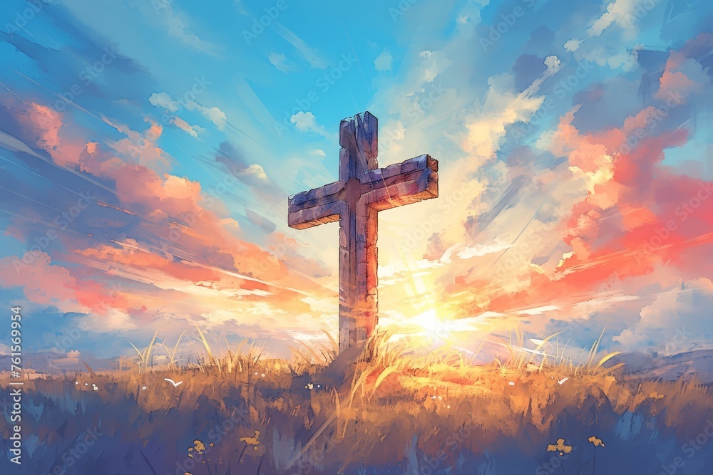 Watercolor illustration of the cross with rays coming out, in front of clouds at sunset - obrazy, fototapety, plakaty 