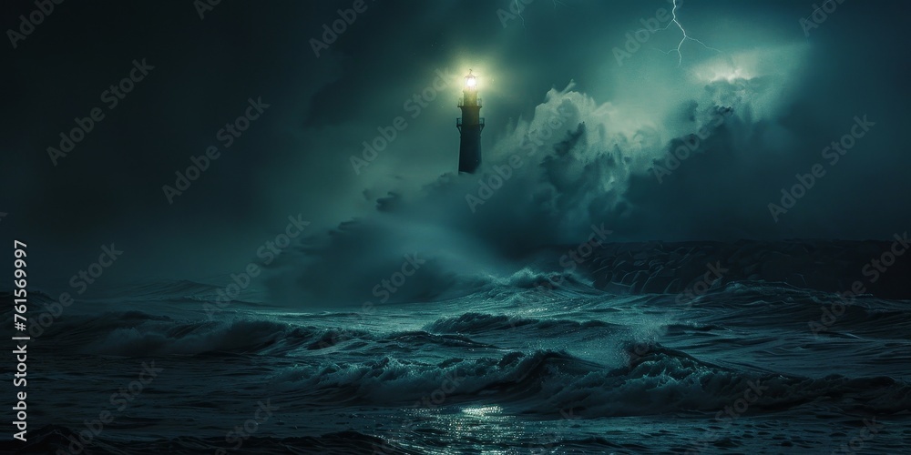 A lighthouse is lit up in the dark, with the waves crashing in the background