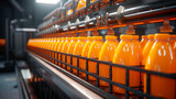 Conveyor in the production of juice, sweet water, orange bottles in the factory, natural product
