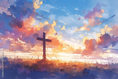 Watercolor illustration of the cross with rays coming out, in front of clouds at sunset, Christian art style