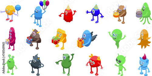 Monster birthday party icons set isometric vector. Balloon present. Holiday surprise
