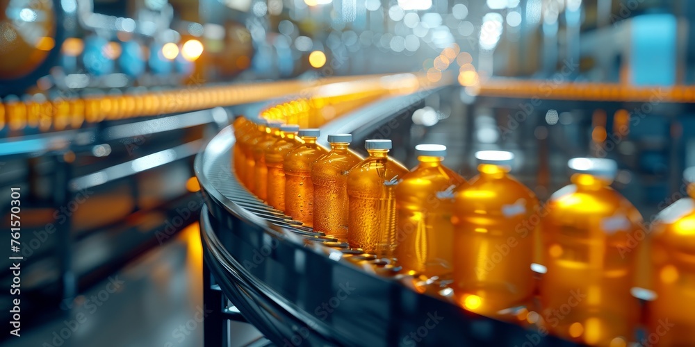 beverage Bottles on a modern long curve conveyor belt. beverage Bottles on a modern long curve conveyor belt.
