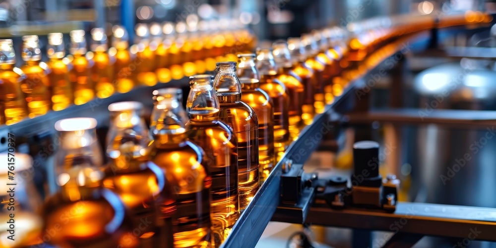 Fototapeta premium A row of bottles on a conveyor belt