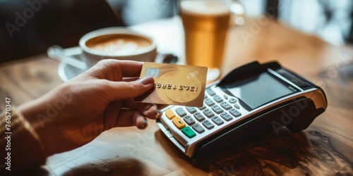 A person is using a credit card reader to pay for a coffee photo