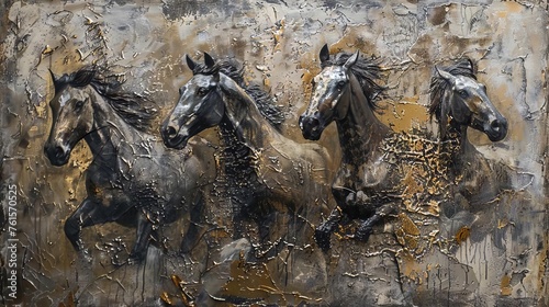 Abstract textured metallic background with freehand animal horses, modern art oil painting on canvas