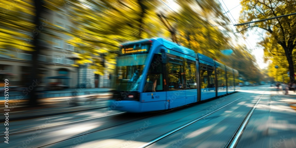 City tram moves swiftly along tree-lined streets in vibrant autumn colors City tram moves swiftly along tree-lined streets in vibrant autumn colors