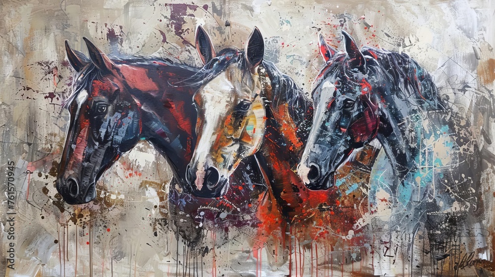Captivating Oil Painting with Modern Abstract Elements and Metallic Textures Featuring Majestic Horses Captivating Oil Painting with Modern Abstract Elements and Metallic Textures Featuring Majestic Horses