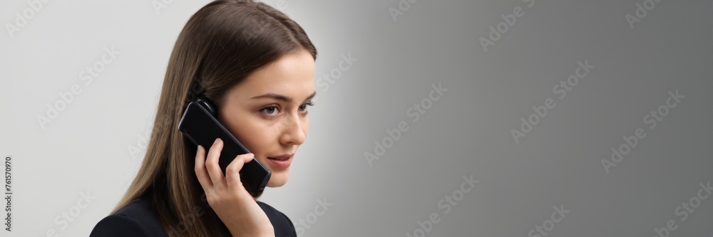 woman talking on her phone on copy space background woman talking on her phone on copy space background
